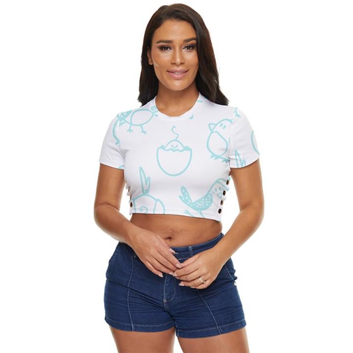 Birds Seamless Pattern Blue Side Button Cropped Tee