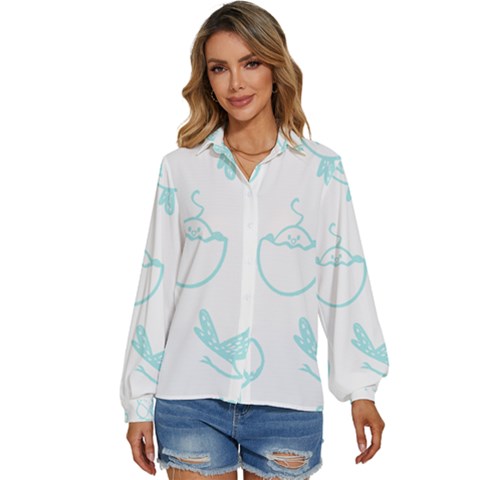 Birds Seamless Pattern Blue Women s Long Sleeve Button Down Shirt by ConteMonfrey