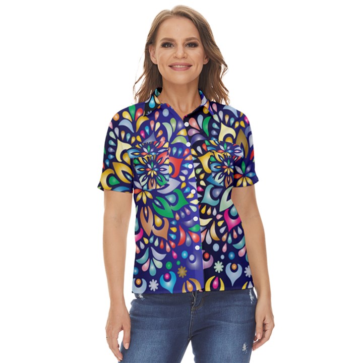 Leafs and Floral Women s Short Sleeve Double Pocket Shirt