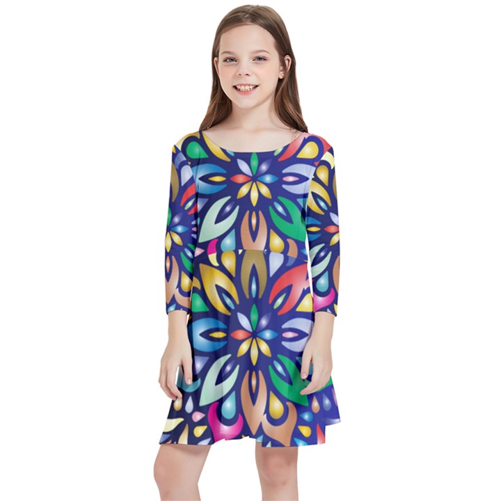 Leafs and Floral Kids  Quarter Sleeve Skater Dress