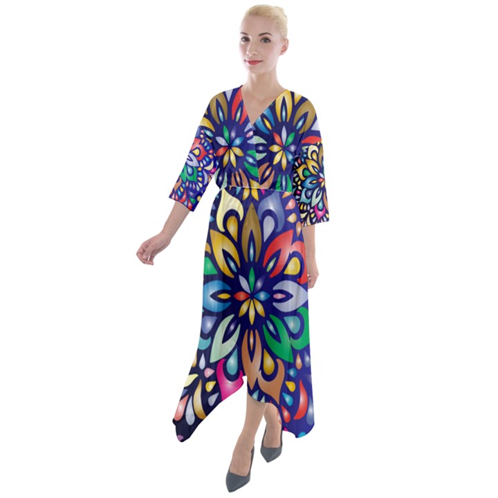 Leafs and Floral Quarter Sleeve Wrap Front Maxi Dress