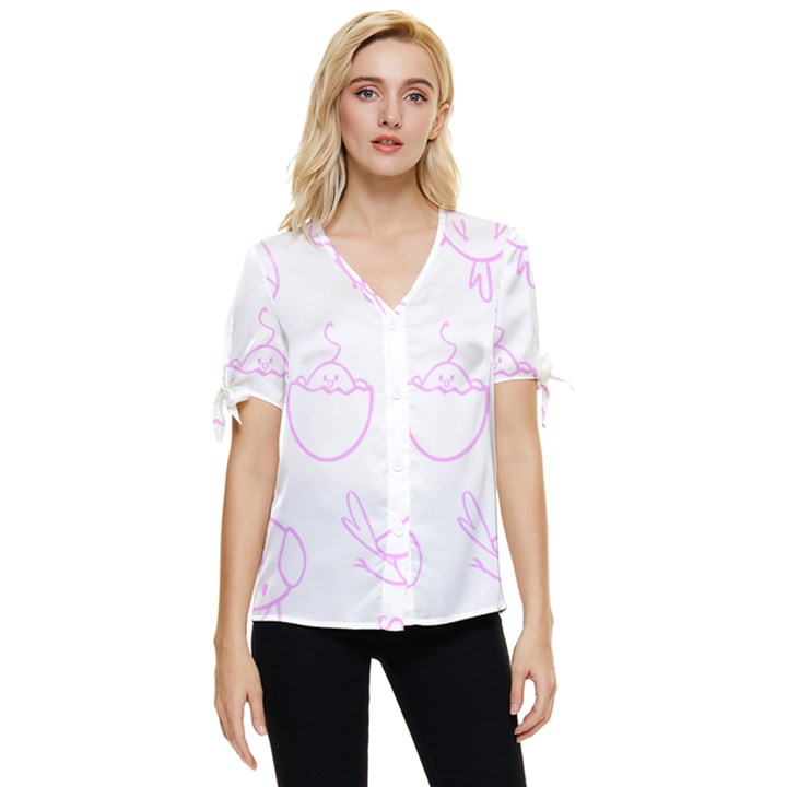 Birds Seamless Pattern Purple Bow Sleeve Button Up Top