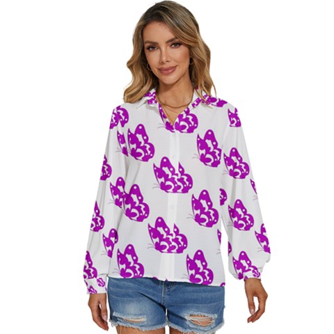 Purple Butterflies On Their Own Way  Women s Long Sleeve Button Down Shirt by ConteMonfrey