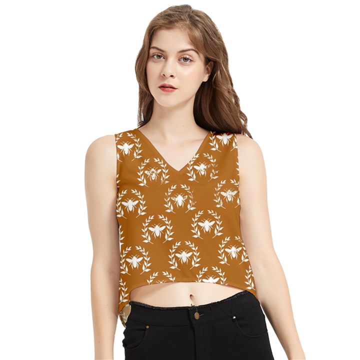 Brown Golden Bees V-Neck Cropped Tank Top