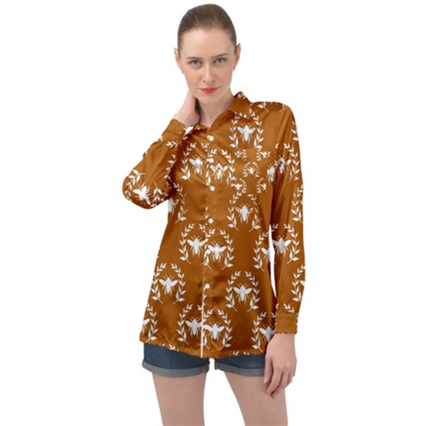 Brown Golden Bees Long Sleeve Satin Shirt by ConteMonfrey