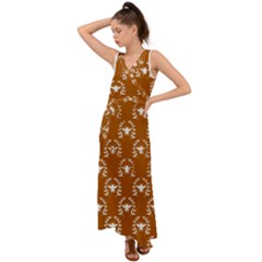 Brown Golden Bees V-neck Chiffon Maxi Dress by ConteMonfrey