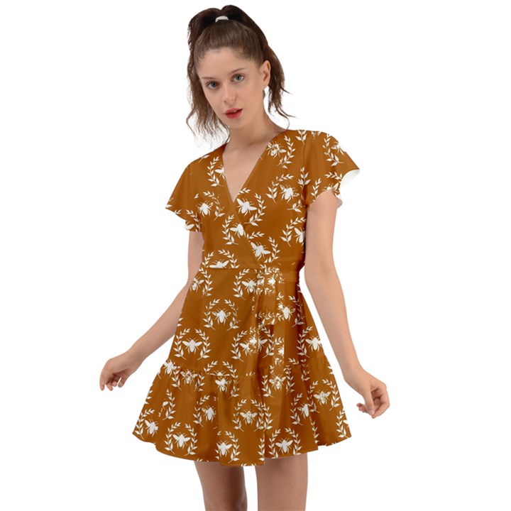 Brown Golden Bees Flutter Sleeve Wrap Dress