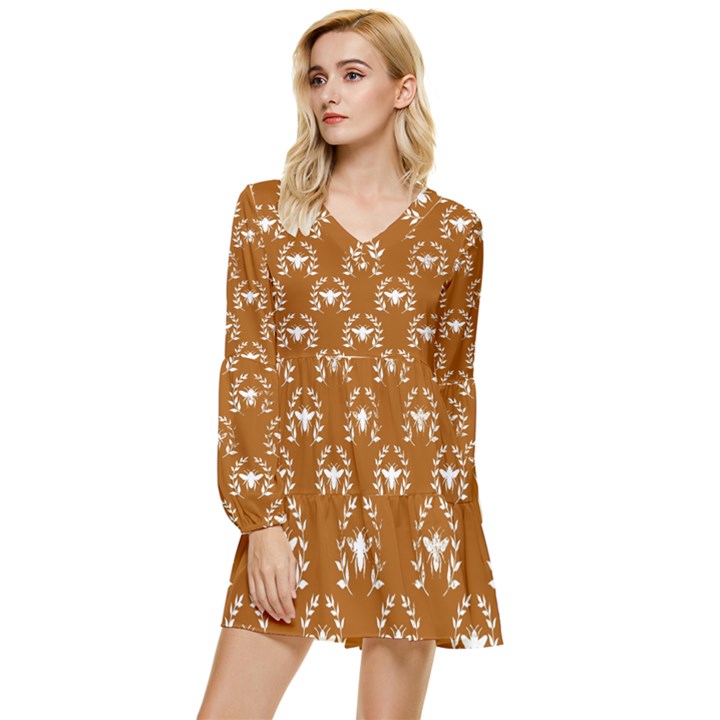 Brown Golden Bees Tiered Long Sleeve Mini Dress