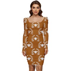 Brown Golden Bees Women Long Sleeve Ruched Stretch Jersey Dress by ConteMonfrey