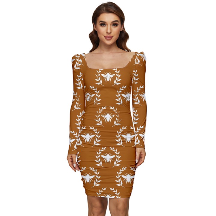 Brown Golden Bees Women Long Sleeve Ruched Stretch Jersey Dress