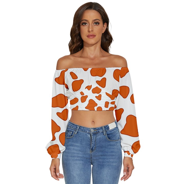 Orange Cow Dots Long Sleeve Crinkled Weave Crop Top