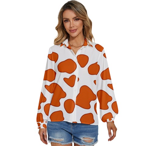 Orange Cow Dots Women s Long Sleeve Button Down Shirt by ConteMonfrey