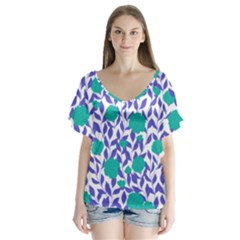 Green Flowers On The Wall V-neck Flutter Sleeve Top by ConteMonfrey