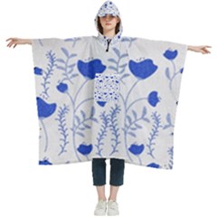 Blue Classy Tulips Women s Hooded Rain Ponchos