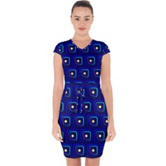 Blue Neon Squares - Modern Abstract Capsleeve Drawstring Dress 