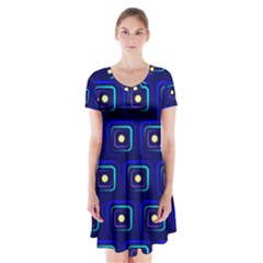 Blue Neon Squares - Modern Abstract Short Sleeve V-neck Flare Dress