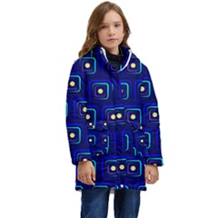 Blue Neon Squares - Modern Abstract Kid s Hooded Longline Puffer Jacket by ConteMonfrey