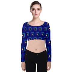 Blue Neon Squares - Modern Abstract Velvet Long Sleeve Crop Top by ConteMonfrey