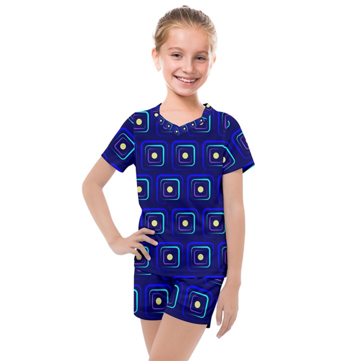 Blue Neon Squares - Modern Abstract Kids  Mesh Tee and Shorts Set