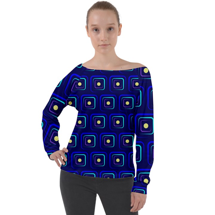 Blue Neon Squares - Modern Abstract Off Shoulder Long Sleeve Velour Top