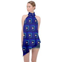 Blue Neon Squares - Modern Abstract Halter Asymmetric Satin Top by ConteMonfrey