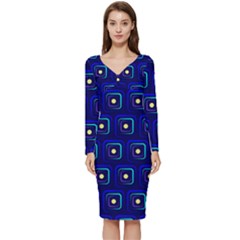 Blue Neon Squares - Modern Abstract Long Sleeve V-neck Bodycon Dress  by ConteMonfrey