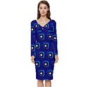 Blue Neon Squares - Modern Abstract Long Sleeve V-Neck Bodycon Dress  View1