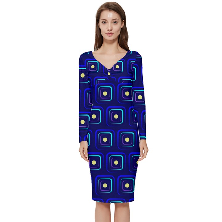 Blue Neon Squares - Modern Abstract Long Sleeve V-Neck Bodycon Dress 