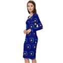 Blue Neon Squares - Modern Abstract Long Sleeve V-Neck Bodycon Dress  View2