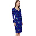 Blue Neon Squares - Modern Abstract Long Sleeve V-Neck Bodycon Dress  View3