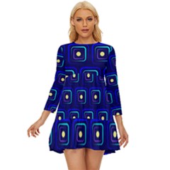 Blue Neon Squares - Modern Abstract Long Sleeve Babydoll Dress by ConteMonfrey