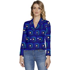 Blue Neon Squares - Modern Abstract Women s Long Sleeve Revers Collar Cropped Jacket