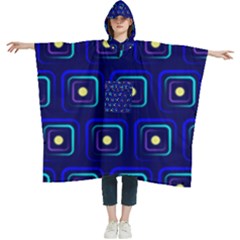 Blue Neon Squares - Modern Abstract Women s Hooded Rain Ponchos