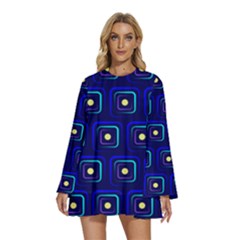 Blue Neon Squares - Modern Abstract Round Neck Long Sleeve Bohemian Style Chiffon Mini Dress by ConteMonfrey