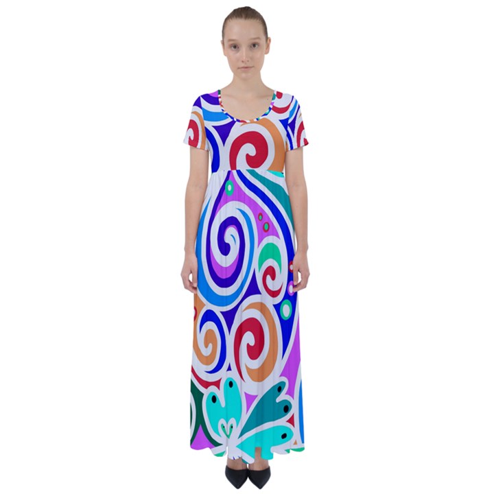 Crazy Pop Art - Doodle Circles   High Waist Short Sleeve Maxi Dress