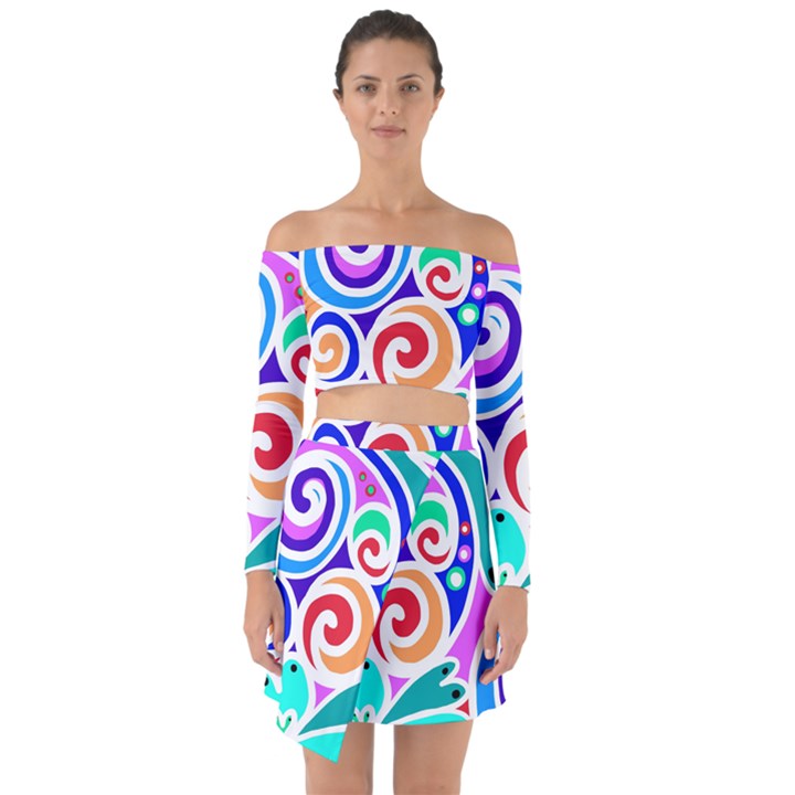 Crazy Pop Art - Doodle Circles   Off Shoulder Top with Skirt Set