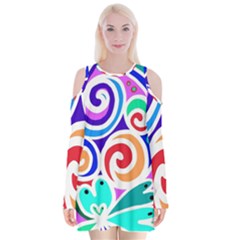 Crazy Pop Art - Doodle Circles   Velvet Long Sleeve Shoulder Cutout Dress