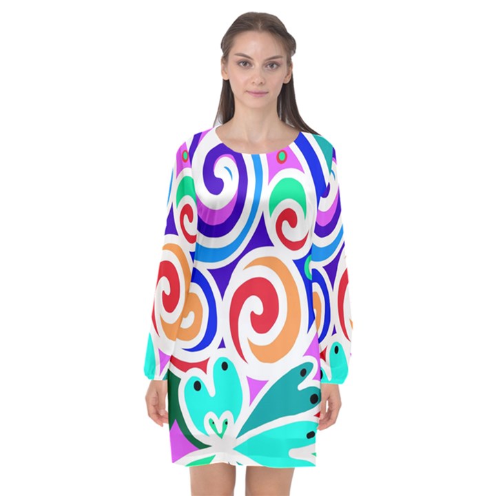 Crazy Pop Art - Doodle Circles   Long Sleeve Chiffon Shift Dress 