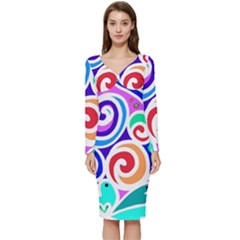 Crazy Pop Art - Doodle Circles   Long Sleeve V-neck Bodycon Dress  by ConteMonfrey