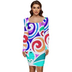 Crazy Pop Art - Doodle Circles   Women Long Sleeve Ruched Stretch Jersey Dress by ConteMonfrey