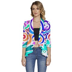 Crazy Pop Art - Doodle Circles   Women s 3/4 Sleeve Ruffle Edge Open Front Jacket