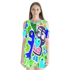 Crazy Pop Art - Doodle Skulls  Shoulder Cutout Velvet One Piece by ConteMonfrey