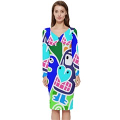 Crazy Pop Art - Doodle Skulls  Long Sleeve V-neck Bodycon Dress  by ConteMonfrey