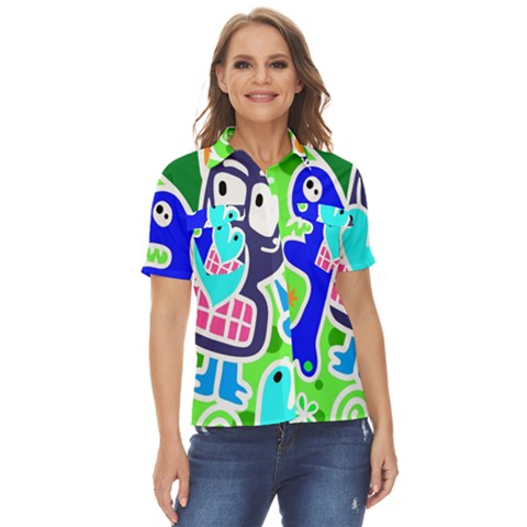 Crazy Pop Art - Doodle Skulls  Women s Short Sleeve Double Pocket Shirt by ConteMonfrey