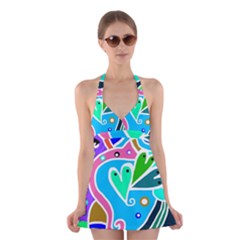 Crazy Pop Art - Doodle Hearts   Halter Dress Swimsuit  by ConteMonfrey