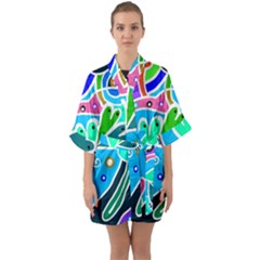 Crazy Pop Art - Doodle Hearts   Half Sleeve Satin Kimono 