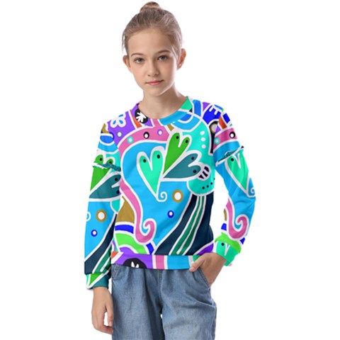 Crazy Pop Art - Doodle Hearts   Kids  Long Sleeve Tee With Frill  by ConteMonfrey