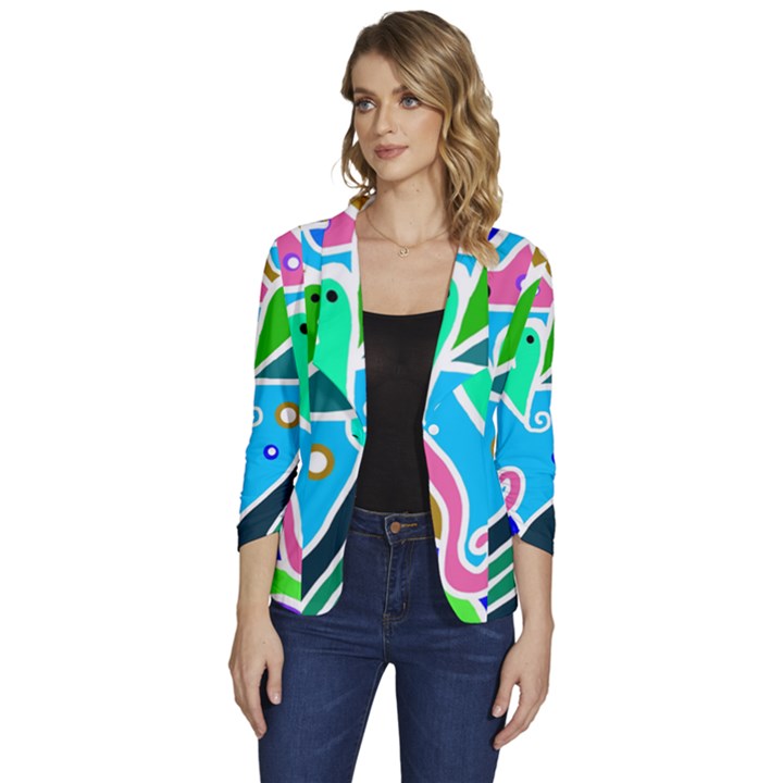 Crazy Pop Art - Doodle Hearts   Women s One-Button 3/4 Sleeve Short Jacket