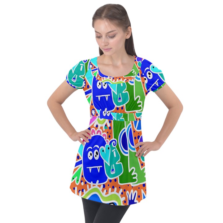 Crazy Pop Art - Doodle Buddies  Puff Sleeve Tunic Top