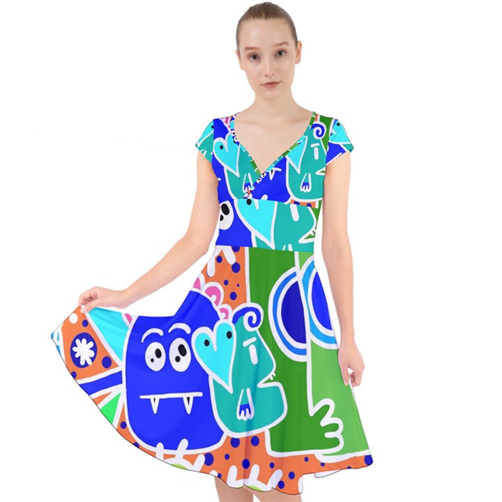 Crazy Pop Art - Doodle Buddies  Cap Sleeve Front Wrap Midi Dress